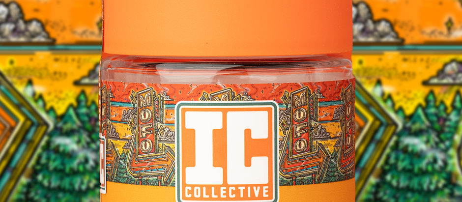 Orange jar of IC Collective MoFo Eighth cannabis flower on glossy surface, with colorful retro patterned background.