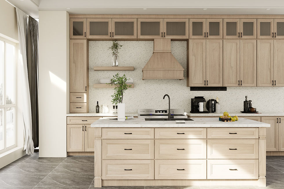 Bright modern kitchen with light wood cabinets, marble island, black sink, fruit bowl, and sunlit windows.