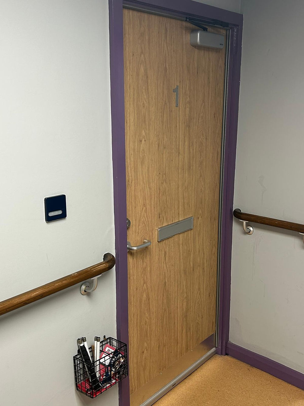 Interior hallway with a wooden door and handrails