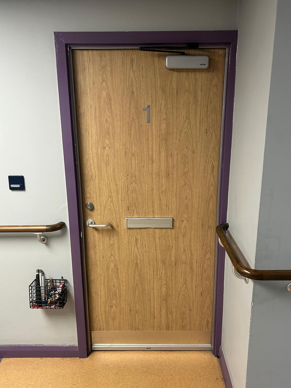 Wooden door with purple frame and handrails in a hallway