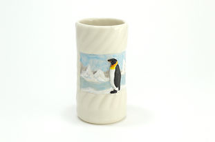 Ribbed cup with penguin on iceberg and arctic vista background.