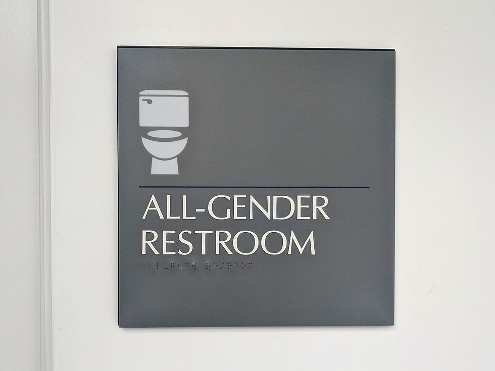 A gray sign on a white door with an icon of a toilet accompanied by the words "ALL-GENDER RESTROOM" and its Braille translation