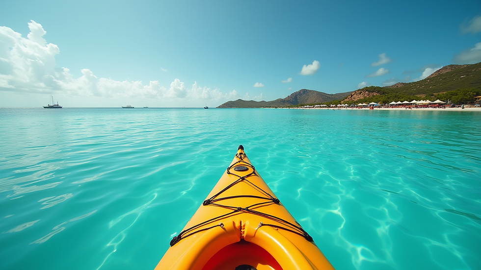 Wide angle view of kayak on calm turquoise water in Aruba