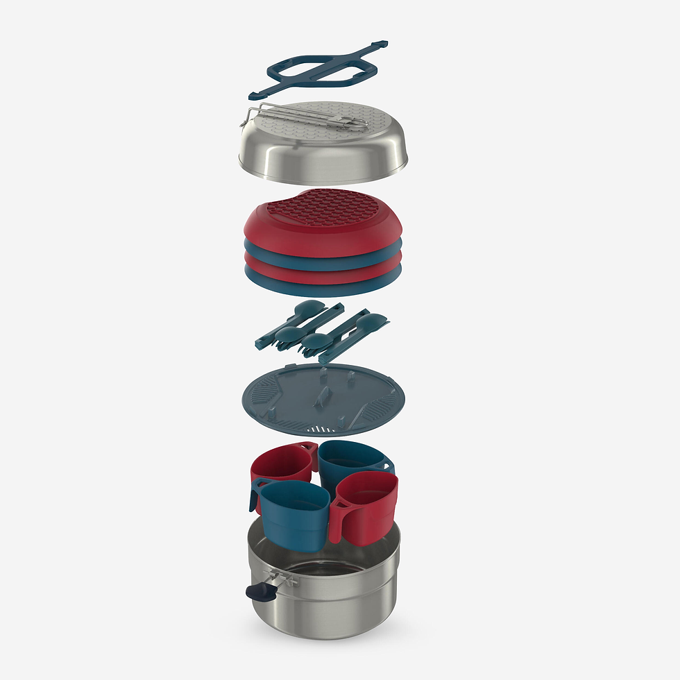 Stack of pot, cups, cutlery, plates and frying pan lid. All fit together to become a camping set of cooking equipment, but displayed in an exploded stack in the image
