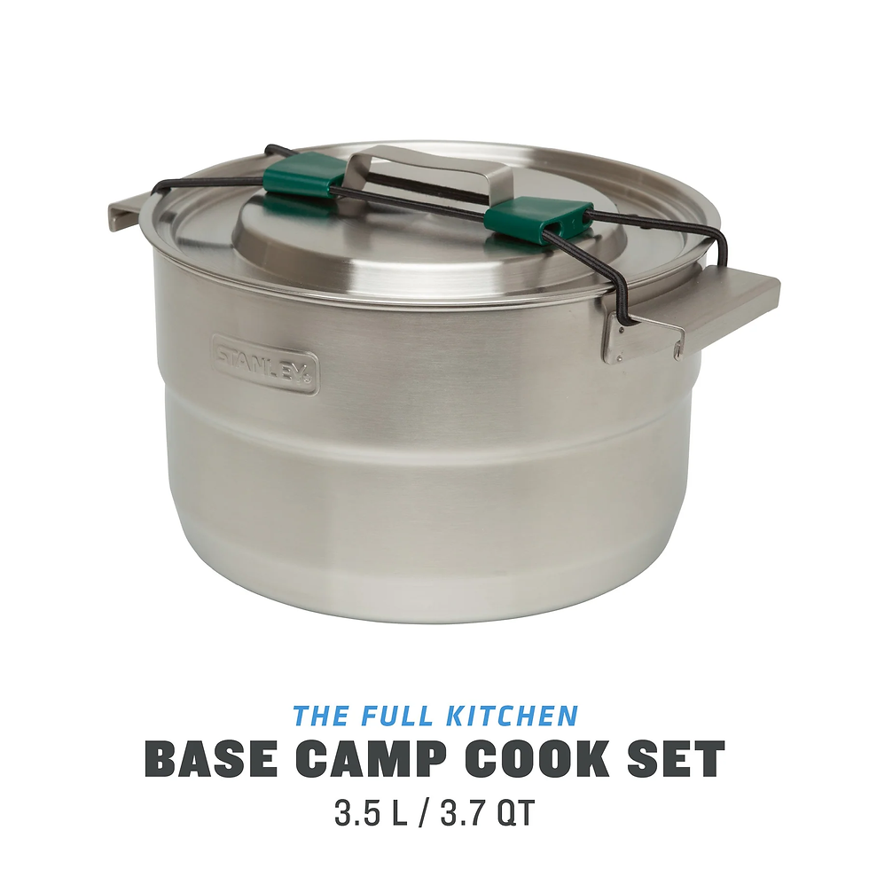 Stainless steel large pan and lid, with side handles. Black and green locking bungee holding the lid onto the handles