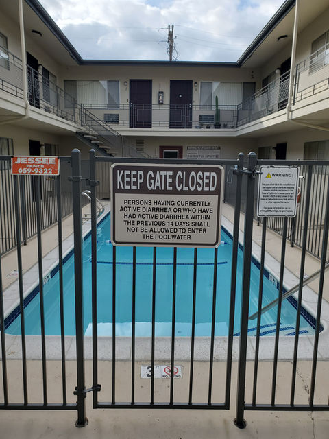 brown and white keep gate closed california pool rules signs