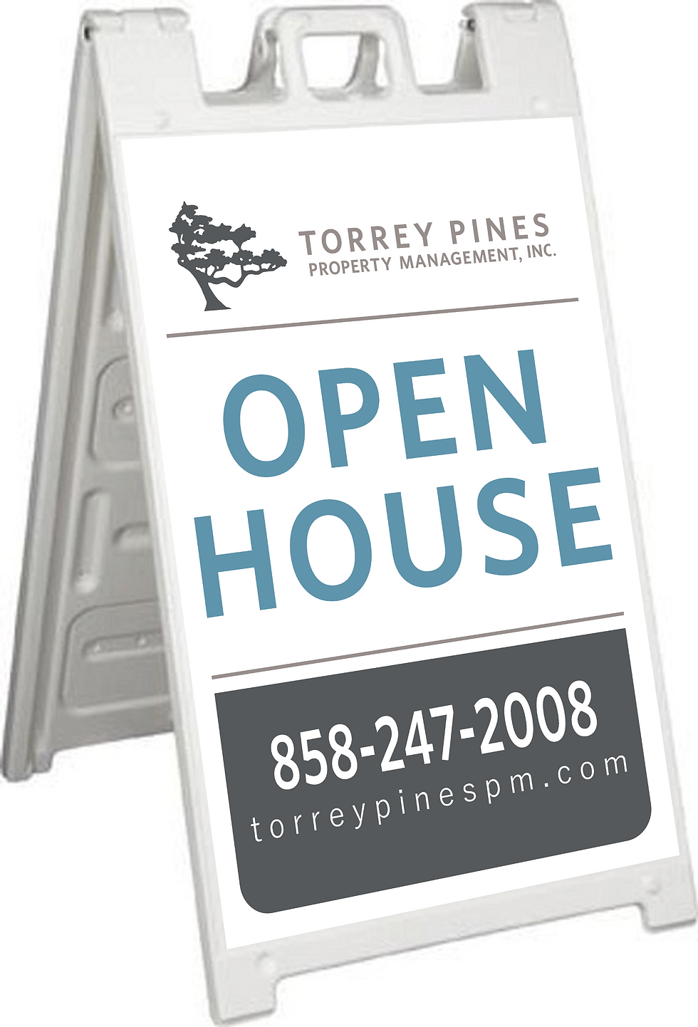 White plastic a-frame plasticade with coroplast inserts with open house information for realtor