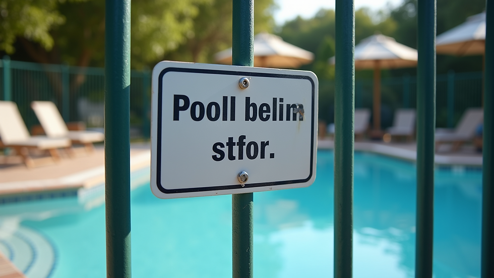 Close-up view of a durable pool safety sign mounted on a metal fence