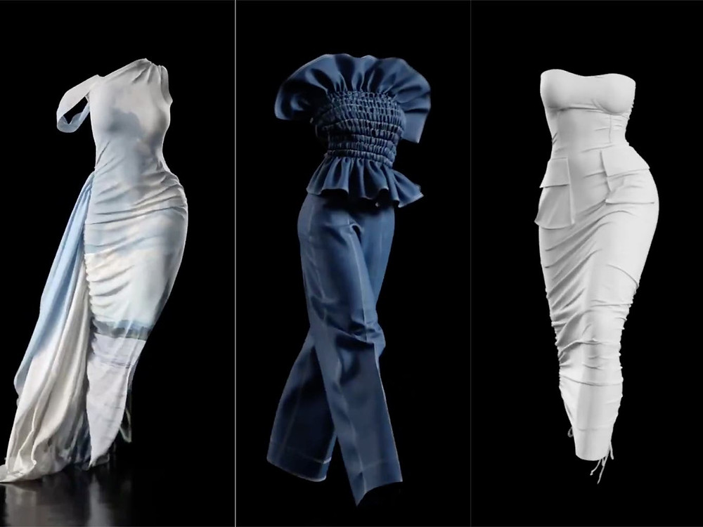 The world's first 'invisible models' showcase 3 of Hanifa's designs. On the left, a white, draped dress featuring a nature-inspired graphic; center, a denim jumpsuit with cinched and ruffled bodice; and to the left, a white, sleeveless, midi dress featuring pockets