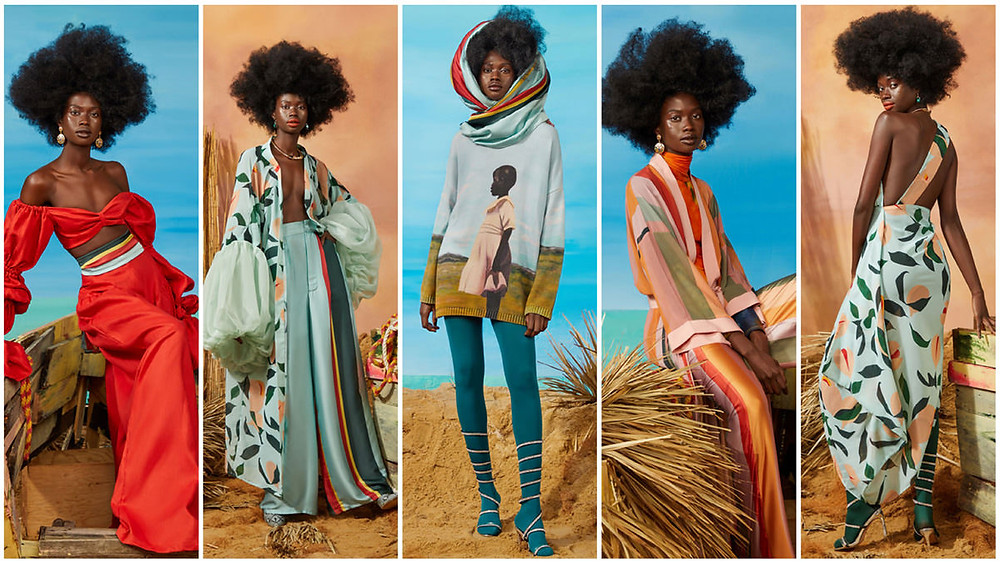 A model wears 5 Fe Noel ensembles ranging in color, patter, and season