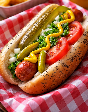 Hot dog with mustard, relish, onion, tomato, pickles