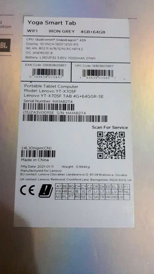 Miniature : Lenovo YOGA *Smart TAB* 
Modèle YT-X705F
Version Android 10
Capacité 64 go