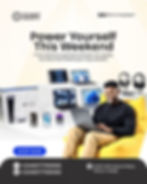 Publicité Gadgets : consoles, iPhones, ordinateurs et homme souriant.