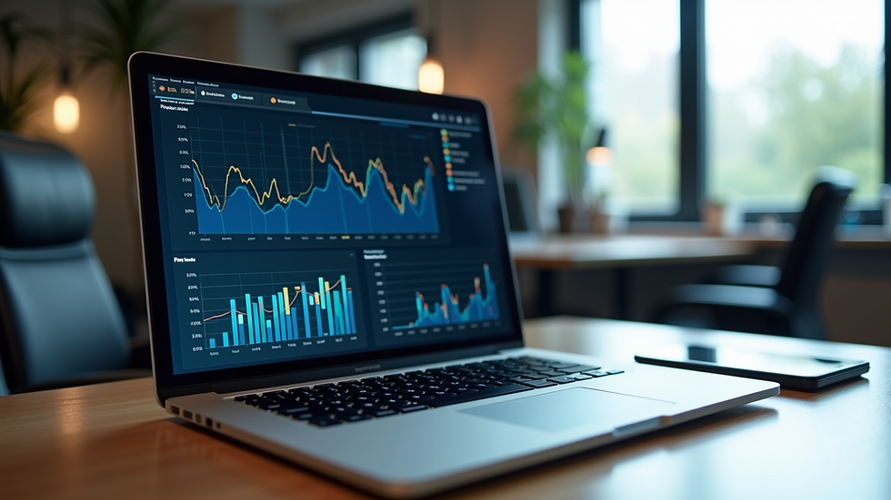 Eye-level view of a modern office desk with a laptop displaying data charts