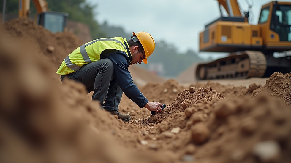 Eye-level view of a geotechnical engineer conducting a soil test on a construction site