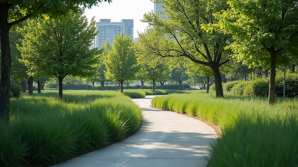 Eye-level view of a sustainable urban park with greenery and pathways