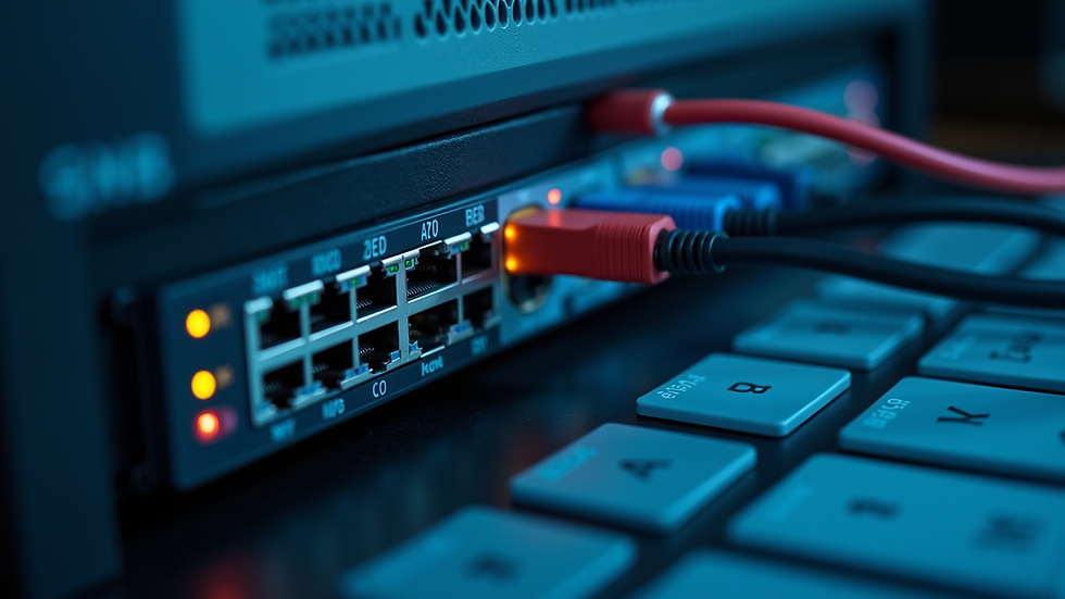 Close-up view of a secure network setup with a firewall and router