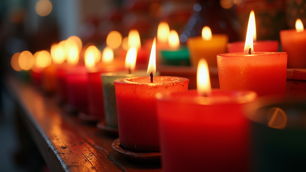 Close-up view of traditional Mexican candles with vibrant colors