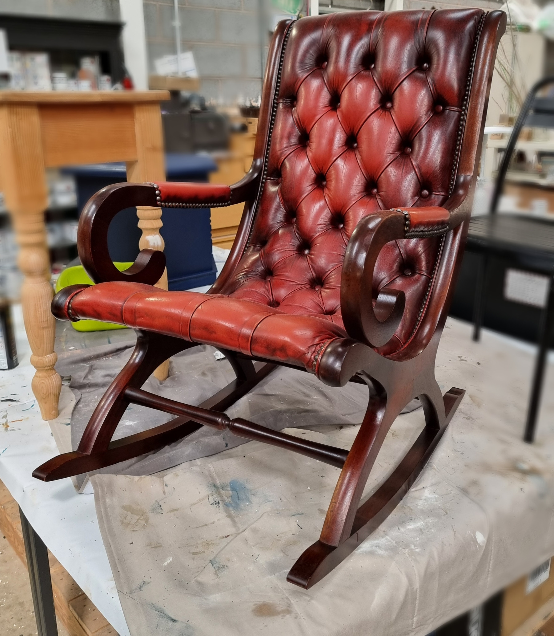 Victorian Style Mahogany Chesterfield Ox Blood Leather Rocking Chair