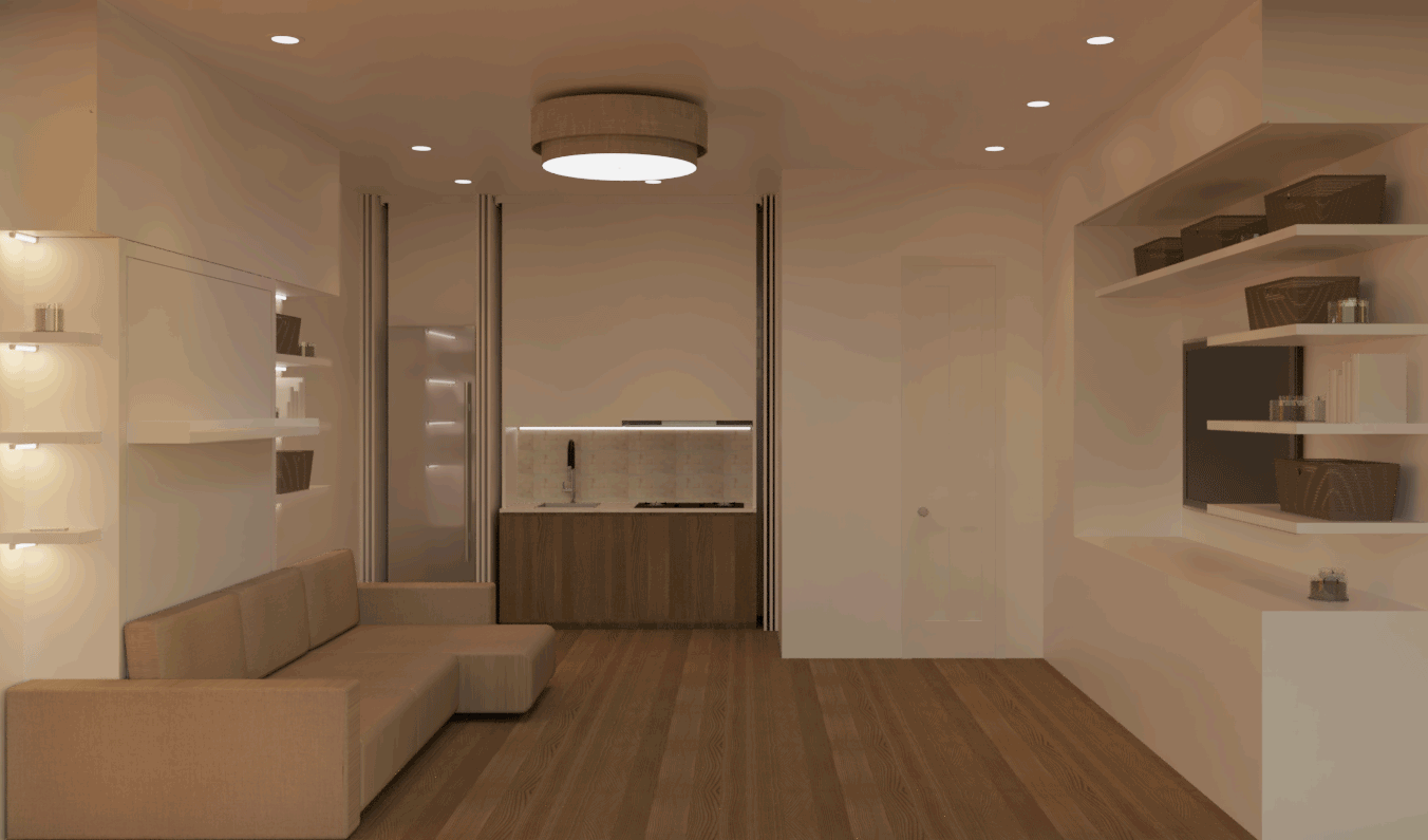 Micro-modular Apartment Single Unit 300 SF Day to Night Renderings