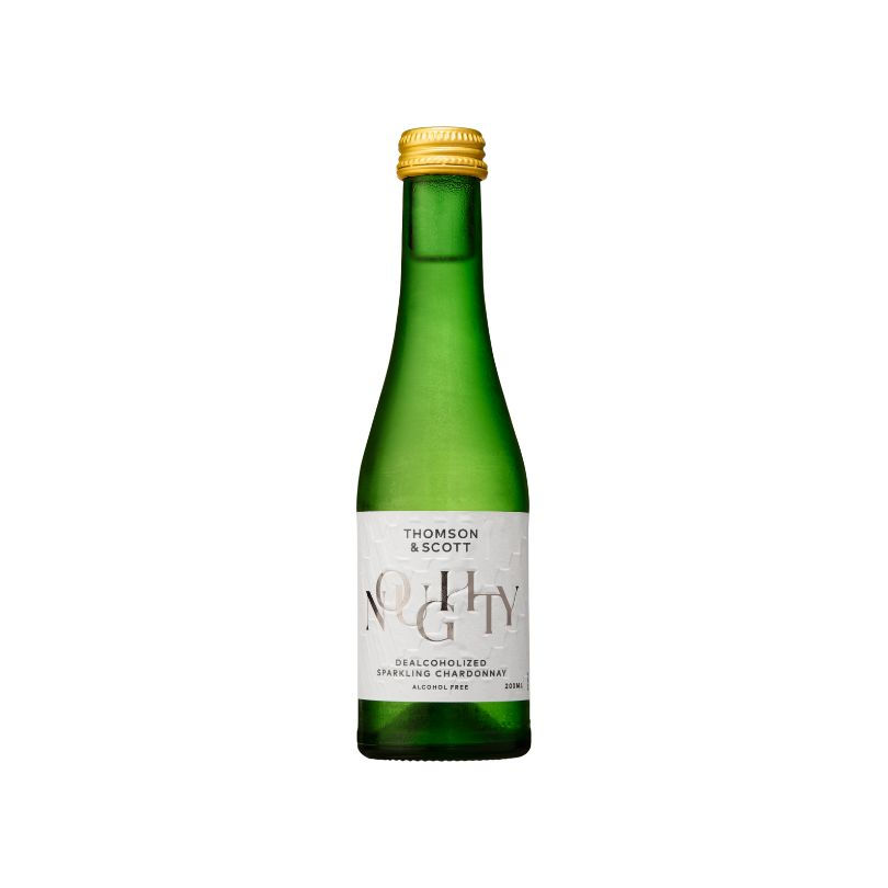 Thomson & Scott Noughty alcohol-free sparkling Chardonnay 200ml mini bottle with gold screw top and elegant green bottle