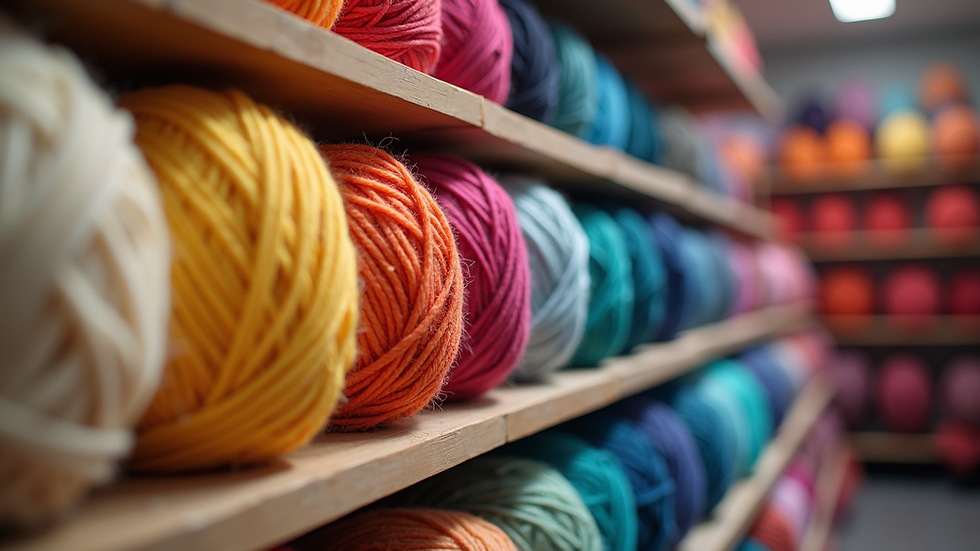 Close-up view of colorful yarn balls arranged in a rainbow pattern on shelves