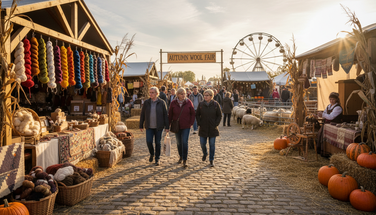 Wide-angle view of visitors walking past yarn booths at an outdoor sheep and wool festival
