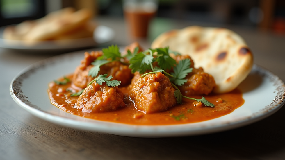 Eye-level view of a plate with butter chicken and naan bread