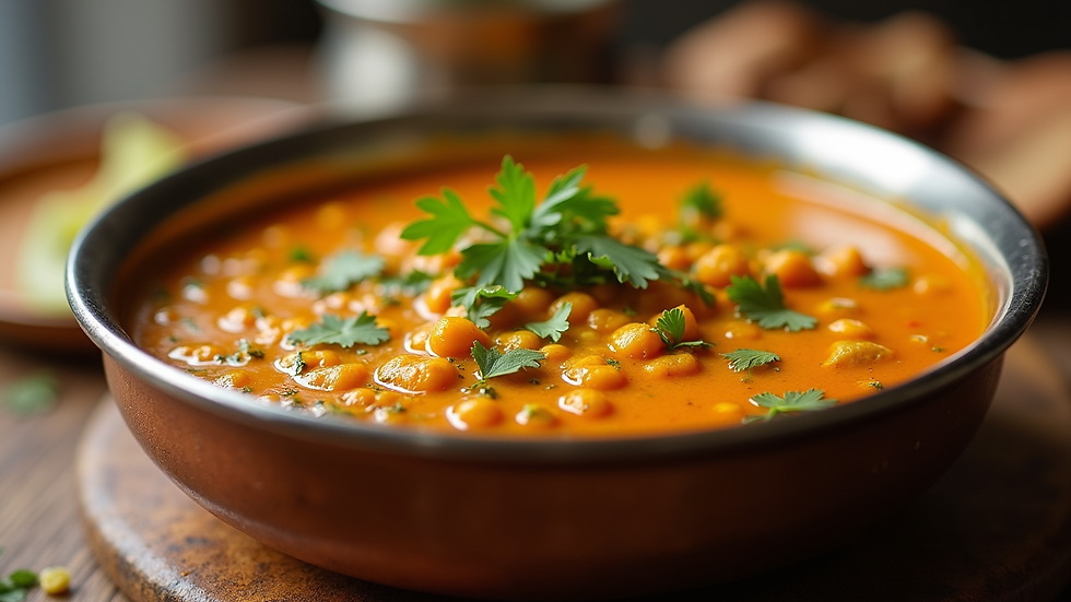 Eye-level view of a bowl of vibrant vegetarian Dal Tadka
