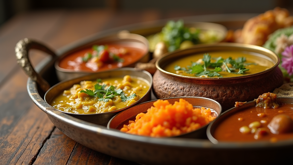 Close-up view of a colorful Indian thali with various dishes