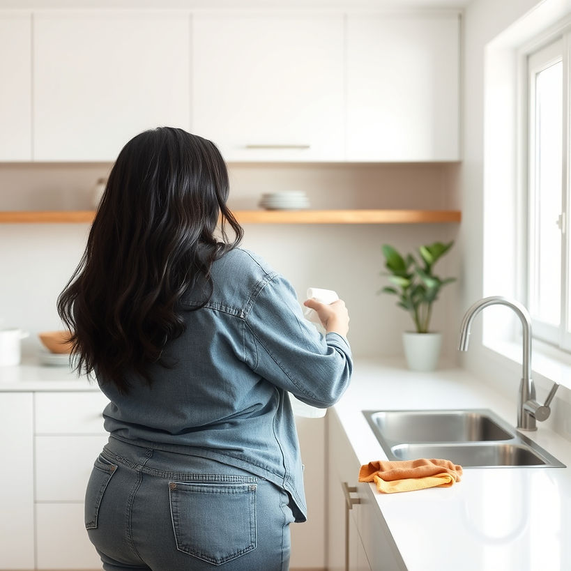 A person cleaning a modern hone interior, shown from behind. someone short with brown skin