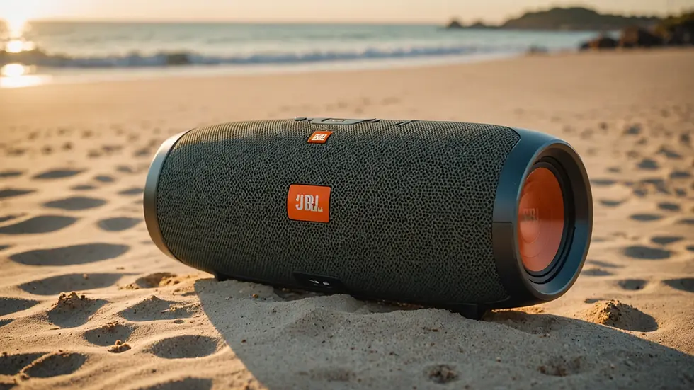 JBL Flip 5 speaker on a sandy beach