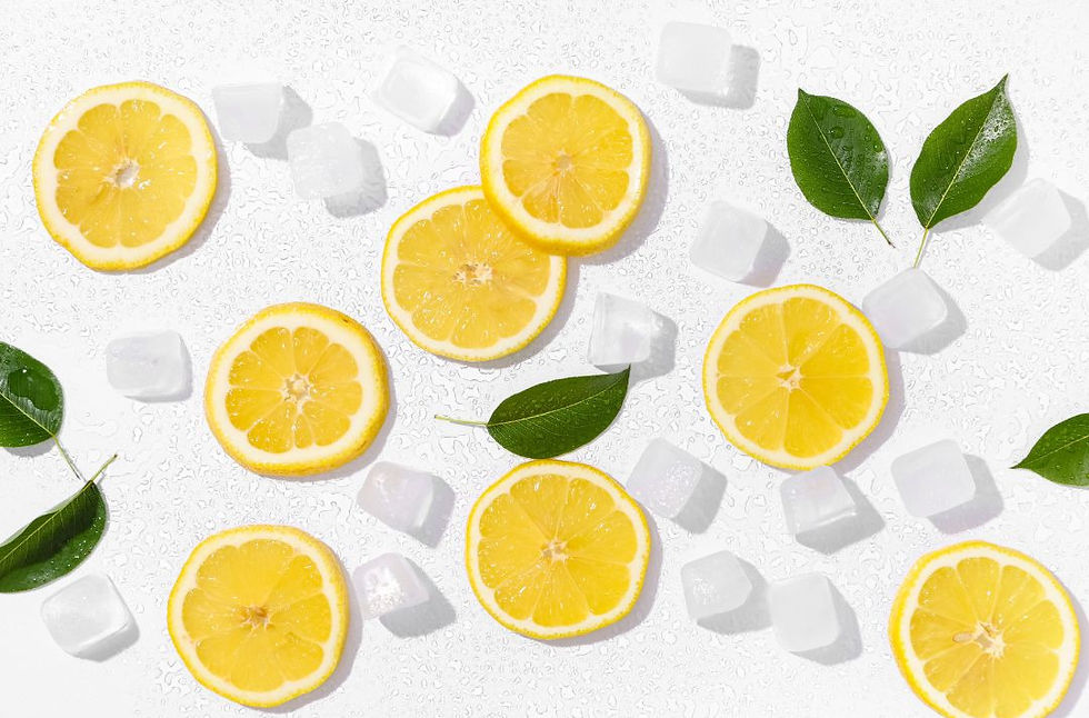 rondelles de citrons, glaçons et feuilles de citronniers