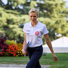 Hair Makeup & Style by Valerie B. for HSH Princess Charlene at the Red Cross Headquarters, Zurich. Polo t-shirt created by Valerie B.
