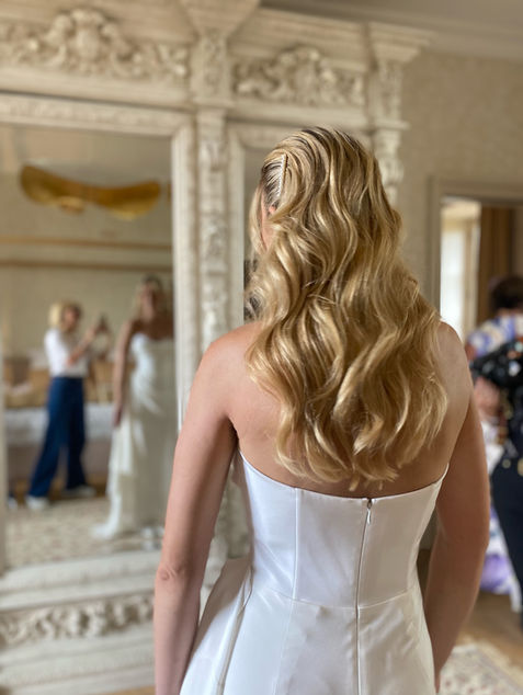 Elegant bridal hair and makeup for a luxury destination wedding at a Bordeaux Chateau – Bespoke wedding beauty services by Valerie B.