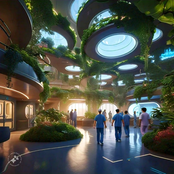 View of a futuristic hospital, inspiring peace, trust and healing.