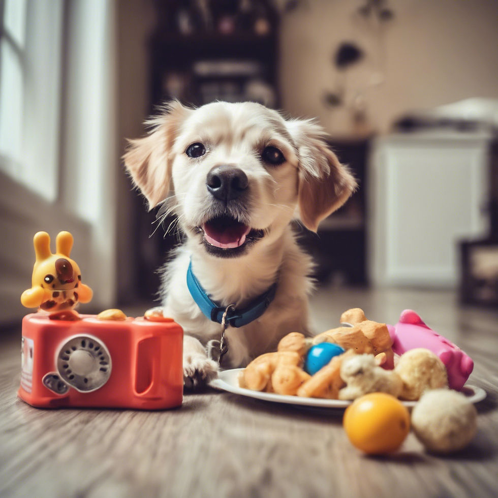 a cute dog and food to th right of him and funny toys to the left .jpg