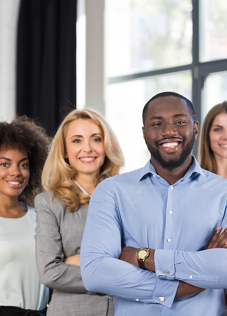 African American Businessman Boss With Group Of Business People In Creative Office, Succes