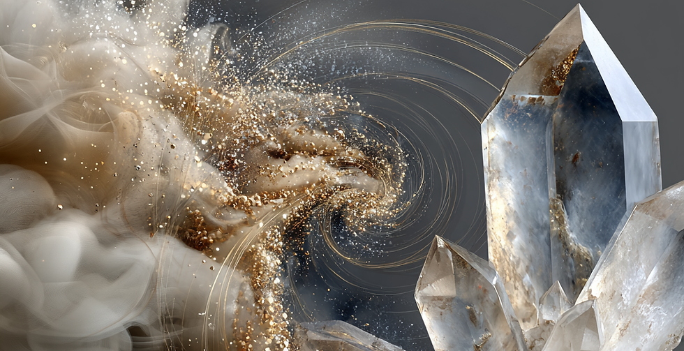Quartz crystals enveloped in ethereal golden light, representing the high-value Energetic Exchange for deep origin point healing.