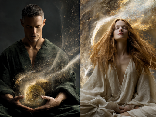 Artistic depiction of a man and woman in deep meditation surrounded by swirling golden energy and light codes, symbolizing the 3 stages of alchemical transformation and the activation of the Higher Self.