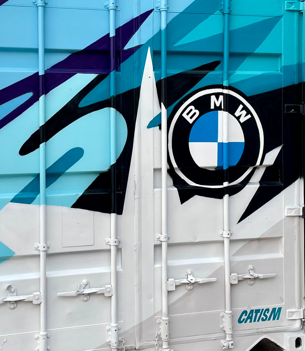 BMW Graffiti auf Container, Weiß und blau, Linz