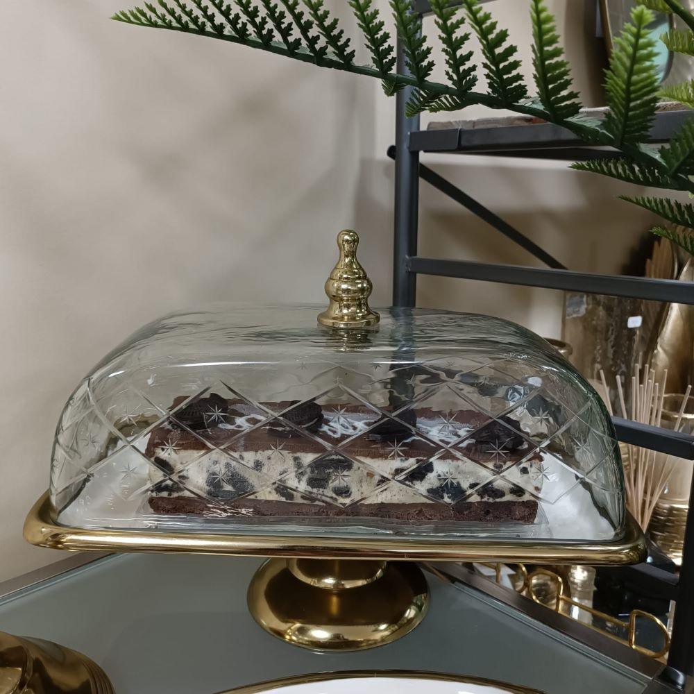 57009 כלי לאינגליש קייק על רגל בצבע קרם עם כיסוי זכוכית