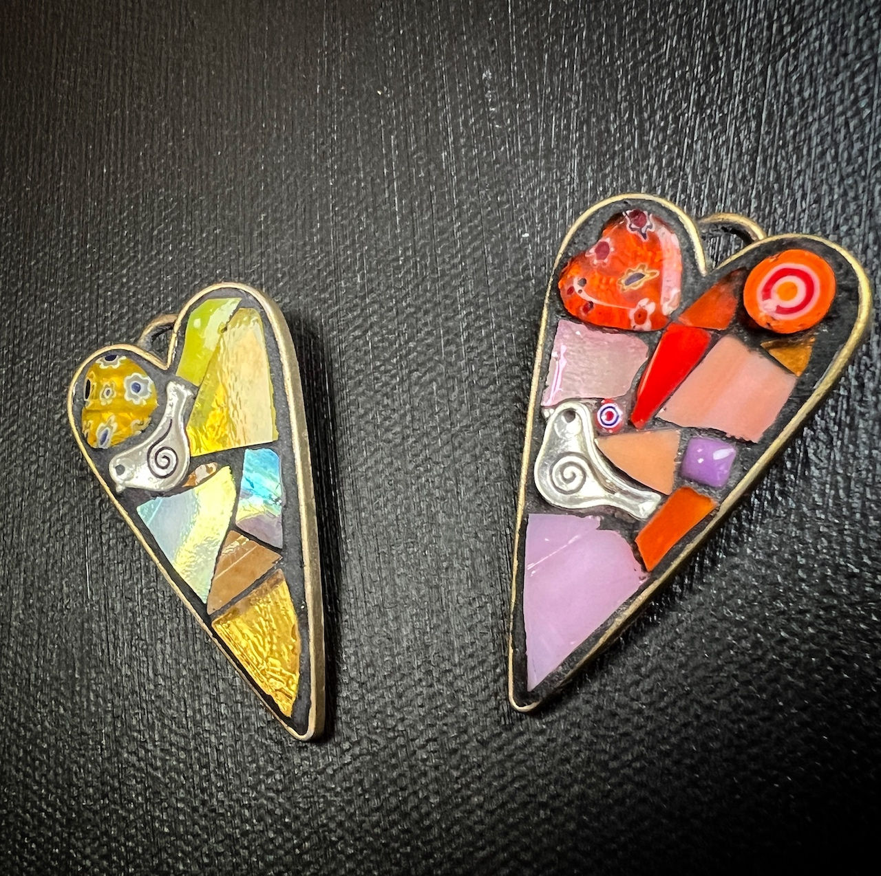 Yellow or Orange Mosaic Heart Bird Brooch