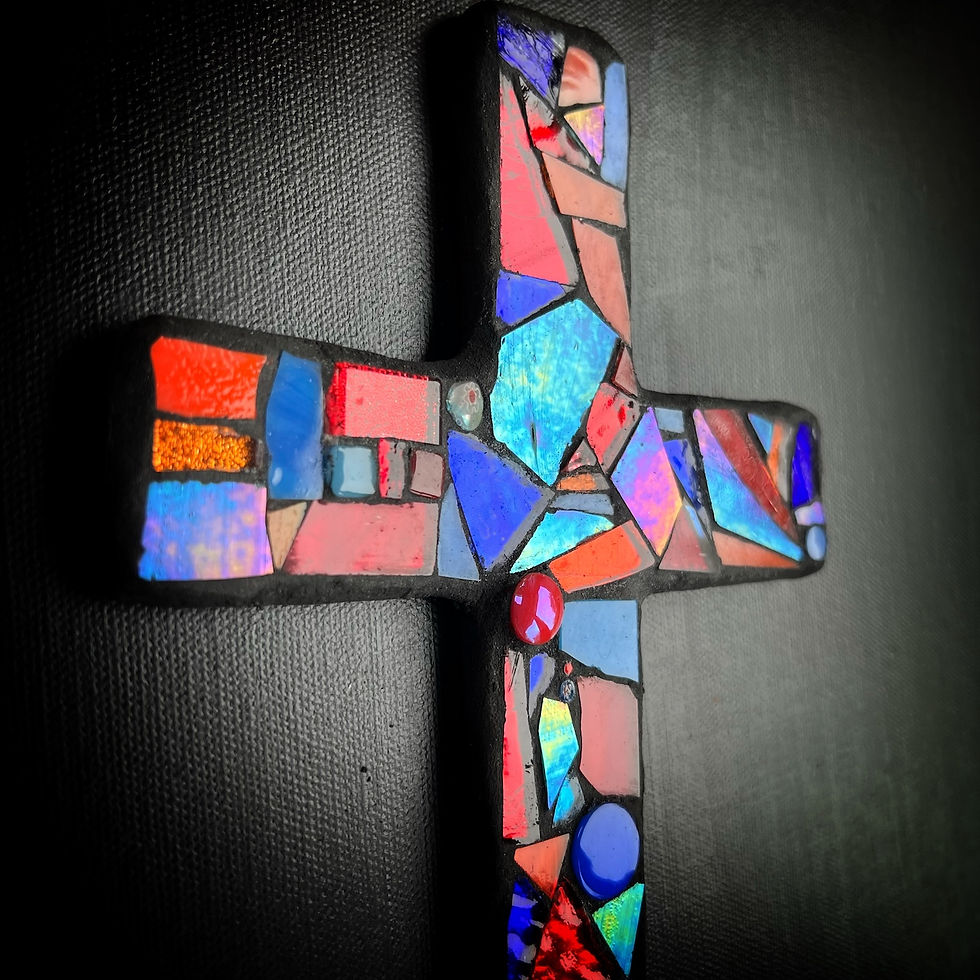 Thumbnail: Red, Orange and Blue Stained Glass Mosaic Cross, Large Wall Cross