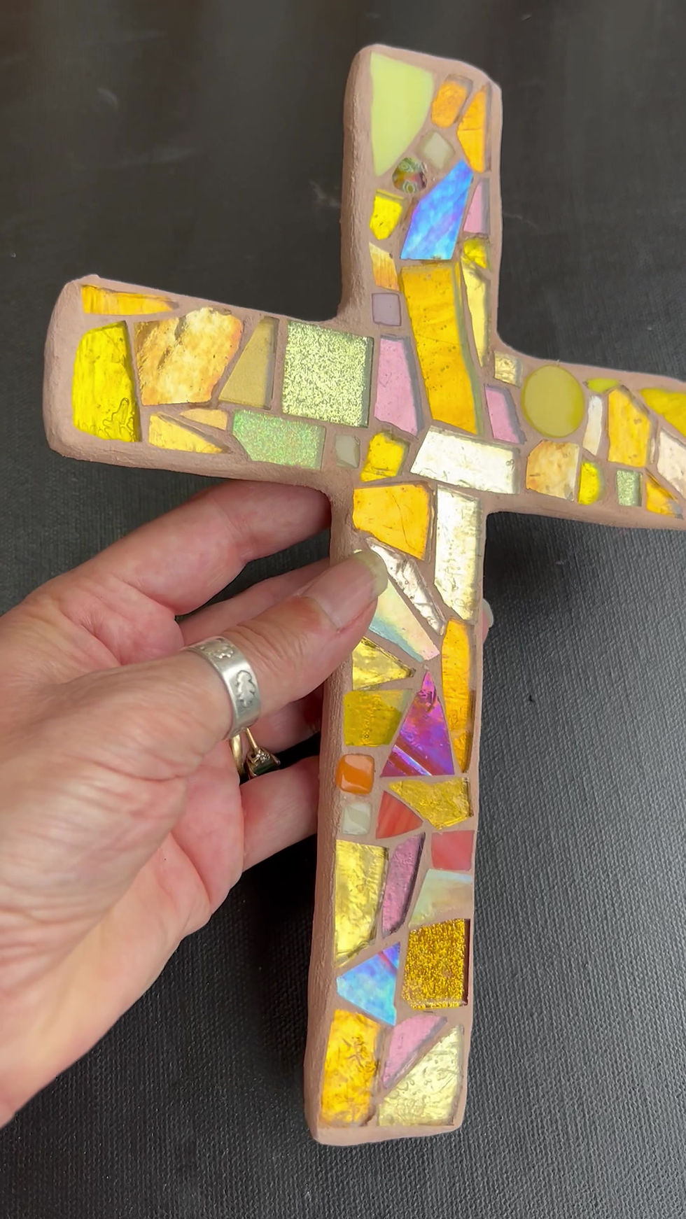 Thumbnail: Joyful Yellow Stained Glass Mosaic Cross, Large Wall Cross