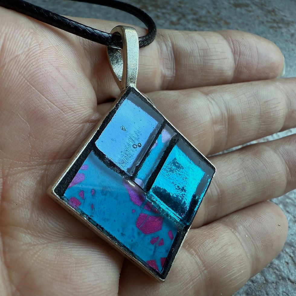 Thumbnail: Turquoise Square Mosaic Pendant, Unique, Corded Necklace