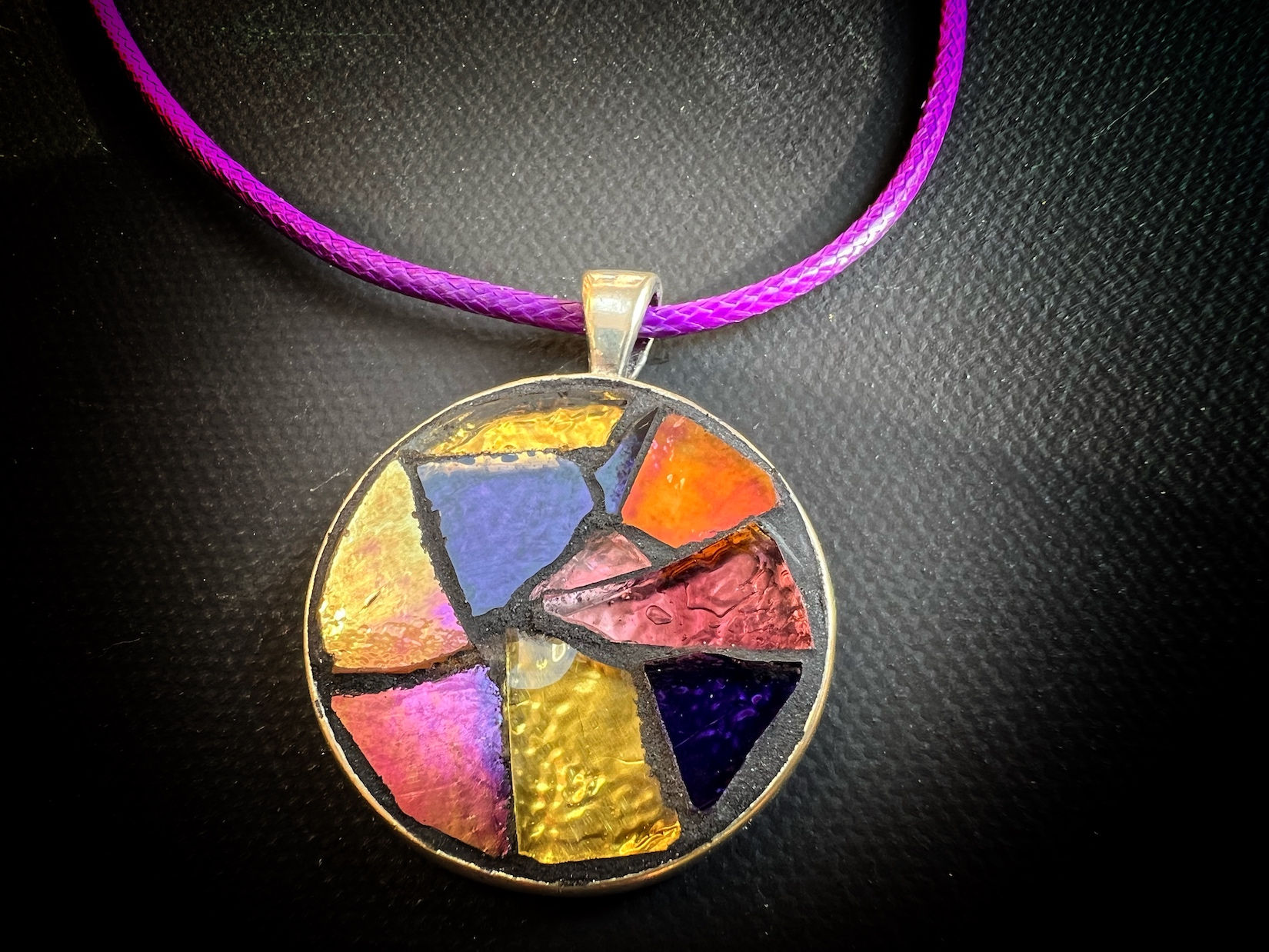 Round Orange and Purple, Stained Glass Mosaic Pendant