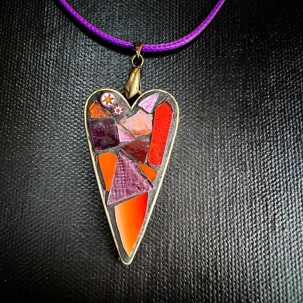 Thumbnail: Red, Dusky Pink and Orange  Long Heart  Mosaic Pendant