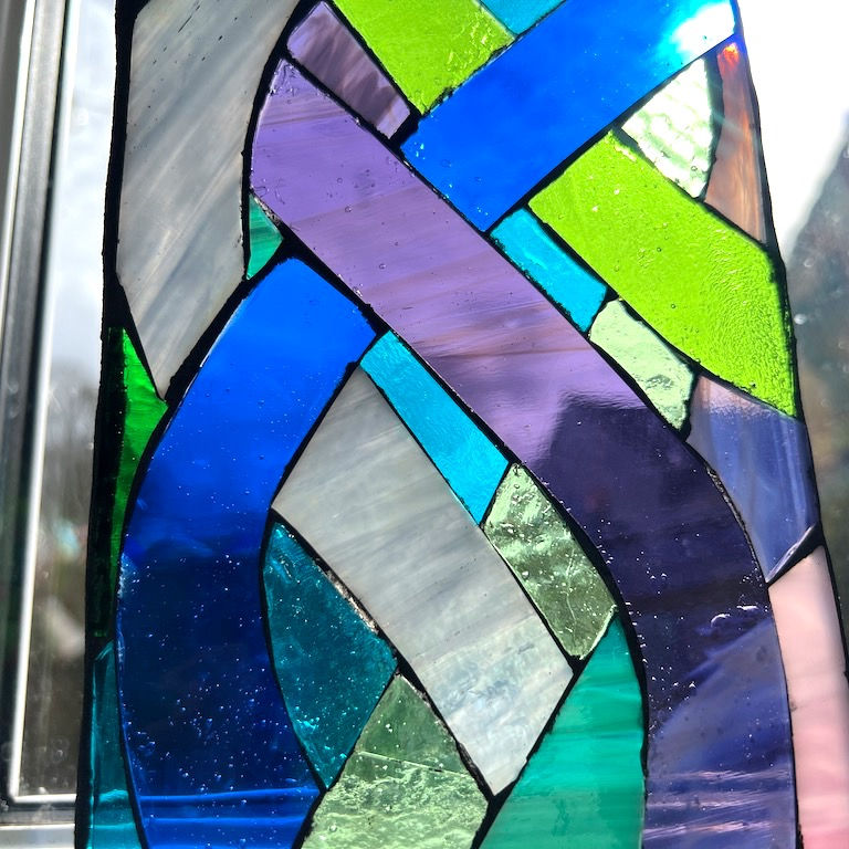Thumbnail: Blue, Purple and Green, Small Stained Glass Mosaic Panel with Hardwood Stand