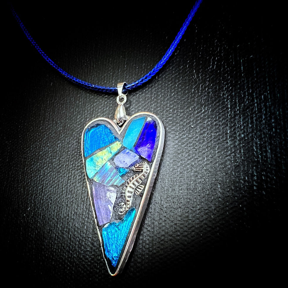 Thumbnail: Unique Blue Heart, Seahorse Mosaic Handmade, Corded Pendant